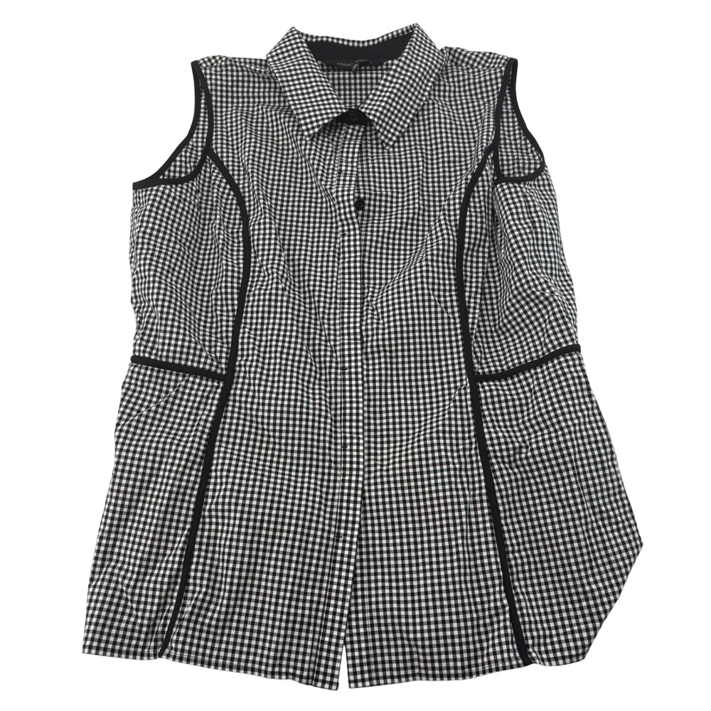 Ming Wang Womens Gingham Sleeveless Button Up Blouse Black White Cotton Size M